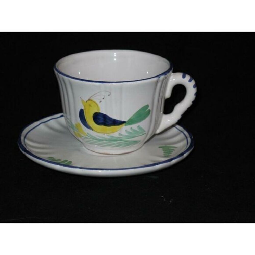 J Peterman Yellow Bird Blue Flowers Teacup‎ Cup & Saucer Set (s) HTF